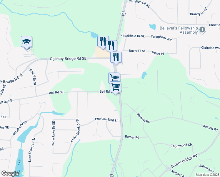 map of restaurants, bars, coffee shops, grocery stores, and more near 926 Bell Road Southeast in Conyers