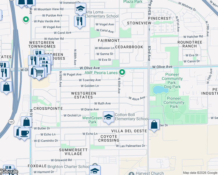 map of restaurants, bars, coffee shops, grocery stores, and more near 8533 West Golden Lane in Peoria