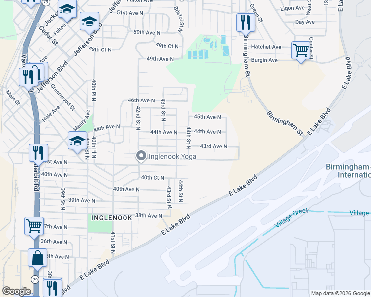 map of restaurants, bars, coffee shops, grocery stores, and more near 4224 44th Street North in Birmingham