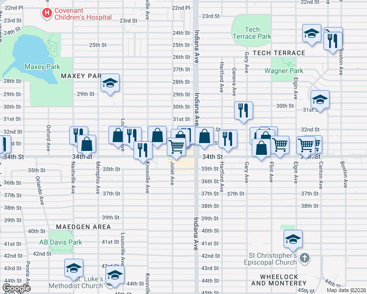 map of restaurants, bars, coffee shops, grocery stores, and more near 3411 33rd Street in Lubbock