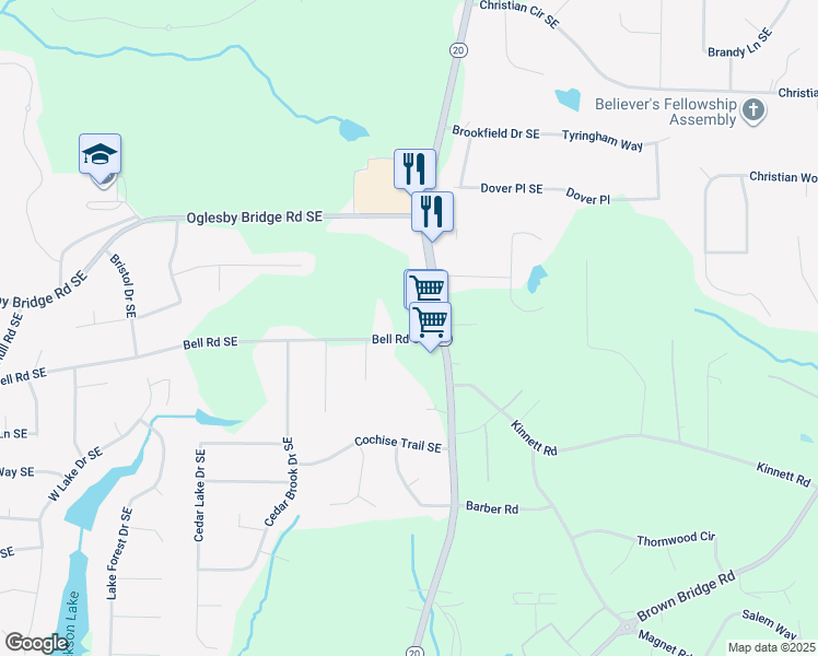 map of restaurants, bars, coffee shops, grocery stores, and more near 926 Bell Road Southeast in Conyers