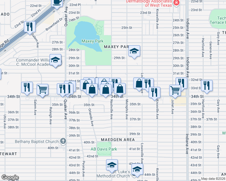 map of restaurants, bars, coffee shops, grocery stores, and more near 3819 33rd Street in Lubbock
