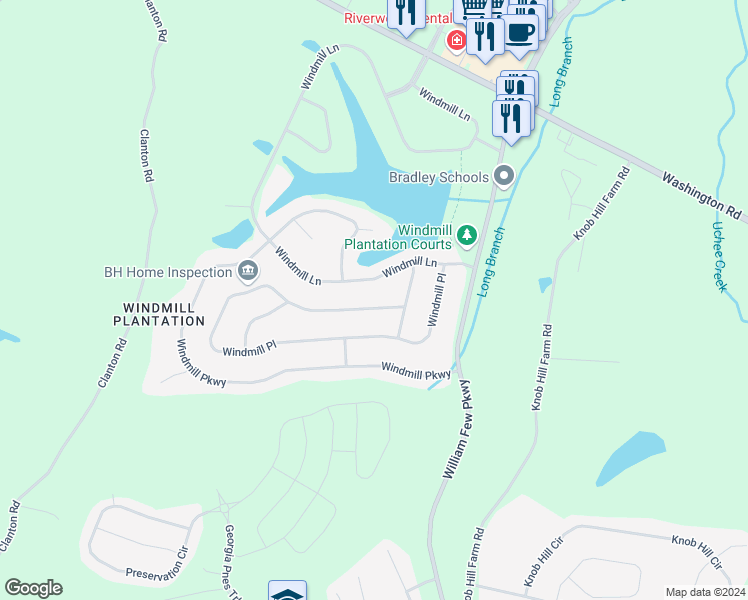map of restaurants, bars, coffee shops, grocery stores, and more near 5246 Windmill Place in Evans