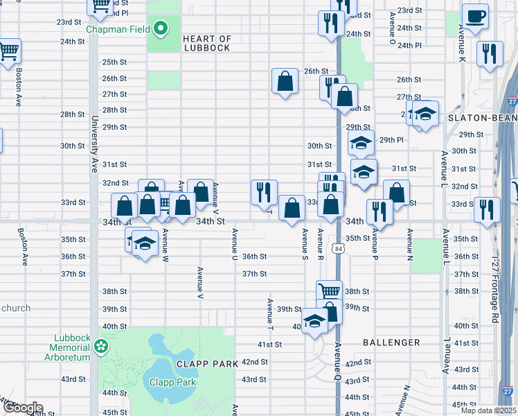 map of restaurants, bars, coffee shops, grocery stores, and more near 2007 33rd Street in Lubbock