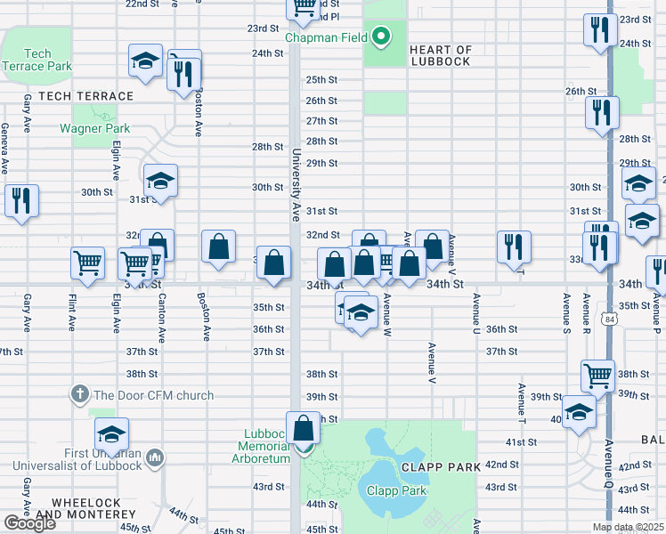 map of restaurants, bars, coffee shops, grocery stores, and more near 2405 33rd Street in Lubbock