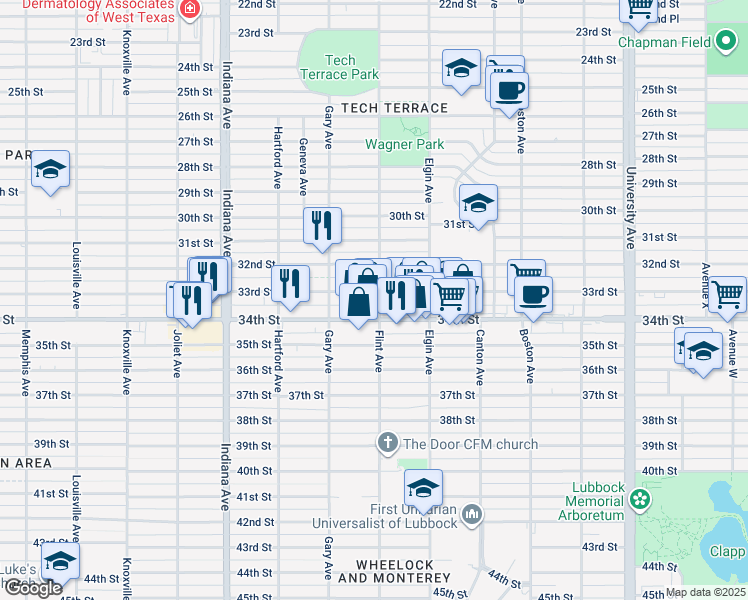map of restaurants, bars, coffee shops, grocery stores, and more near 3101 33rd Street in Lubbock