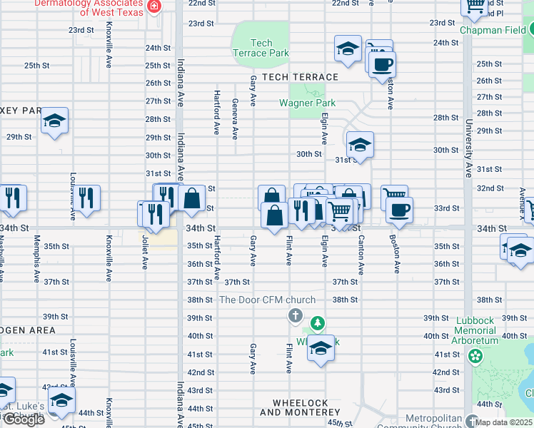 map of restaurants, bars, coffee shops, grocery stores, and more near 3119 33rd Street in Lubbock