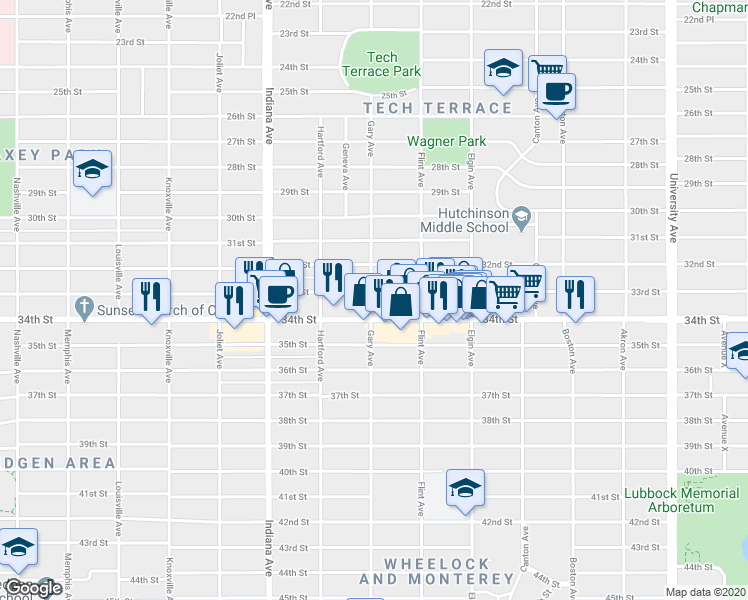 map of restaurants, bars, coffee shops, grocery stores, and more near 3119 33rd Street in Lubbock