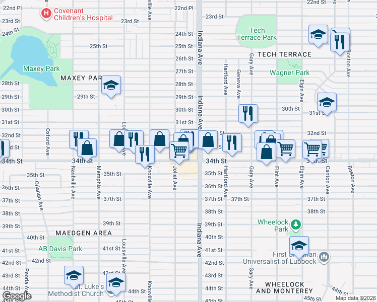 map of restaurants, bars, coffee shops, grocery stores, and more near 3411 33rd Street in Lubbock