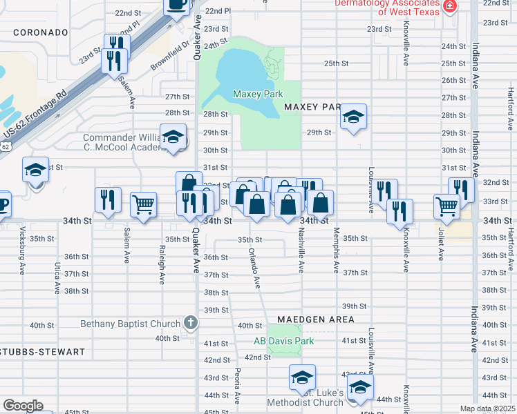 map of restaurants, bars, coffee shops, grocery stores, and more near 4101 33rd Street in Lubbock