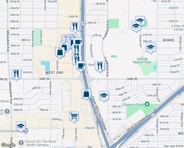 map of restaurants, bars, coffee shops, grocery stores, and more near 5820 34th Street in Lubbock