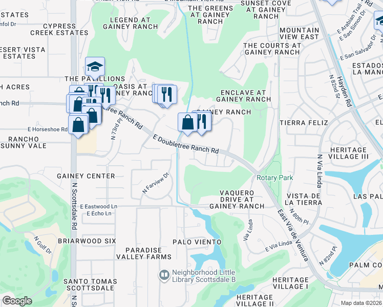 map of restaurants, bars, coffee shops, grocery stores, and more near 7620 East Vaquero Drive in Scottsdale