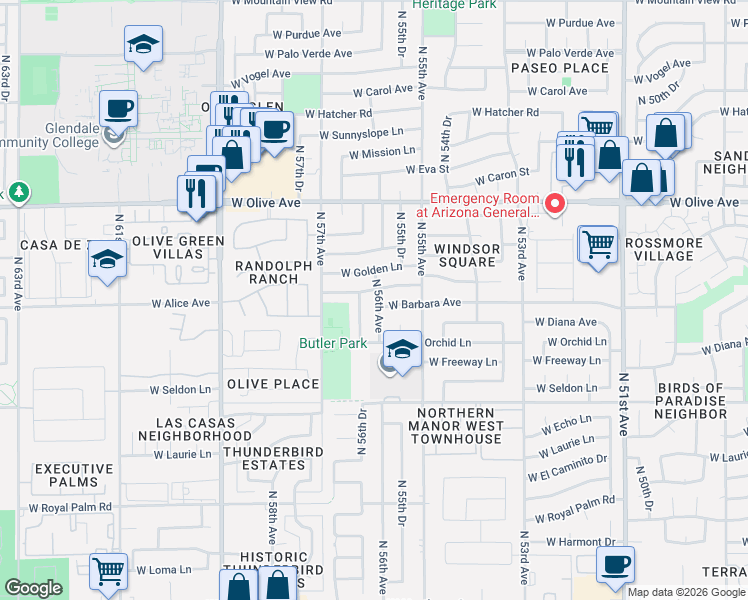 map of restaurants, bars, coffee shops, grocery stores, and more near 5532 West Barbara Avenue in Glendale