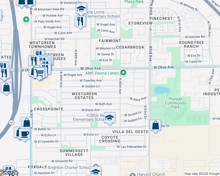 map of restaurants, bars, coffee shops, grocery stores, and more near 8533 West Golden Lane in Peoria