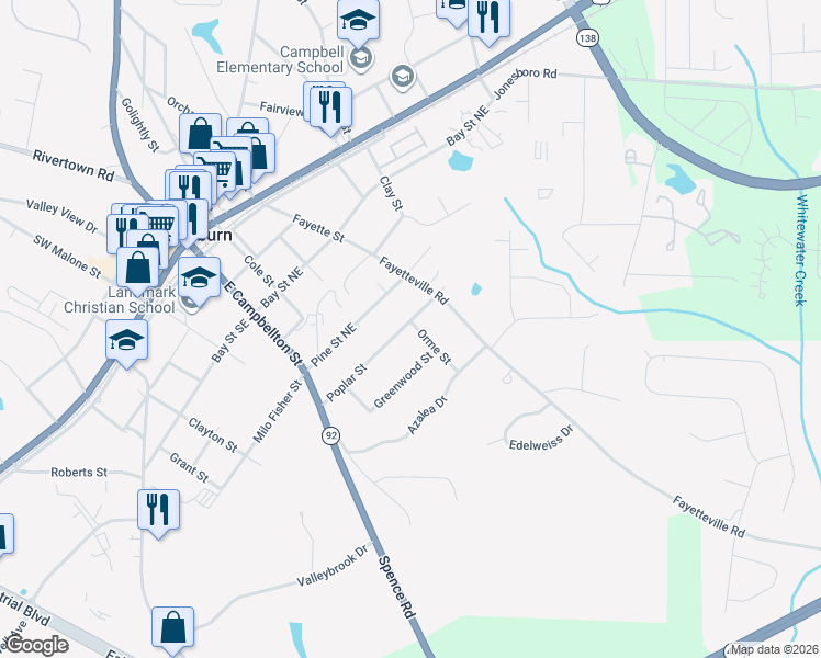 map of restaurants, bars, coffee shops, grocery stores, and more near 141 Poplar Street in Fairburn