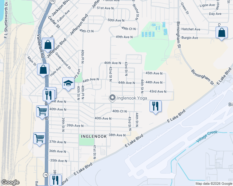 map of restaurants, bars, coffee shops, grocery stores, and more near 4221 43rd Avenue North in Birmingham
