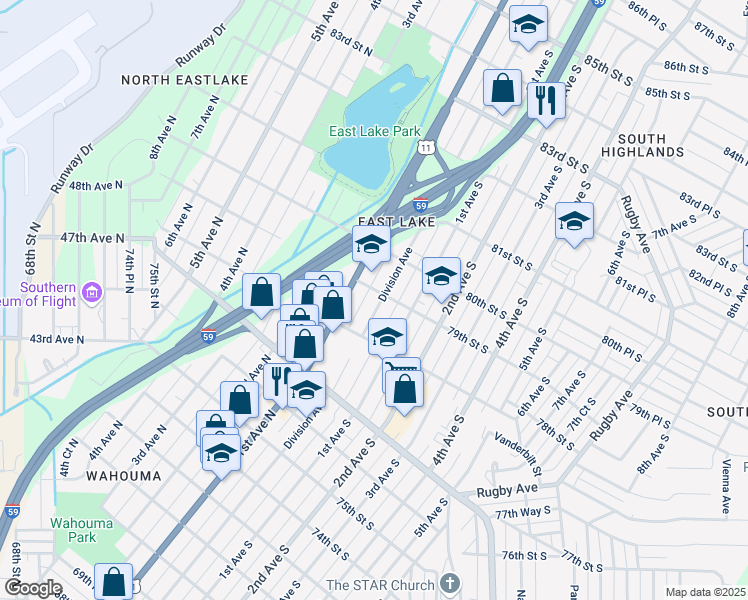 map of restaurants, bars, coffee shops, grocery stores, and more near 7836 Division Avenue in Birmingham