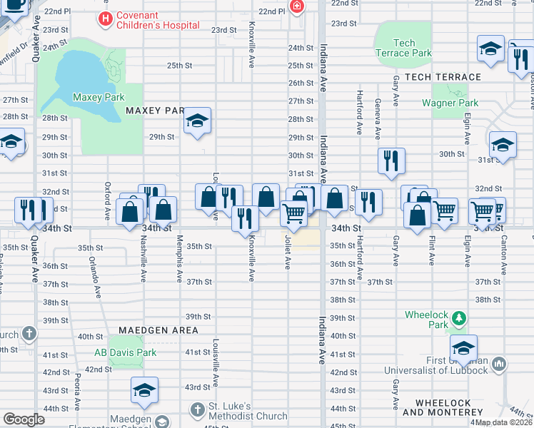 map of restaurants, bars, coffee shops, grocery stores, and more near 3503 33rd Street in Lubbock