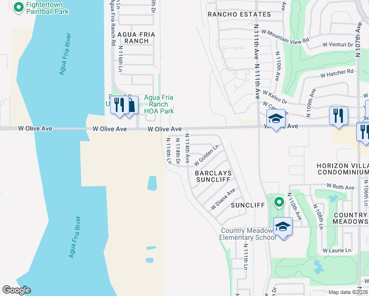 map of restaurants, bars, coffee shops, grocery stores, and more near 8890 North 114th Avenue in Peoria