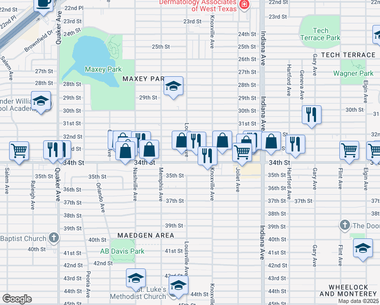 map of restaurants, bars, coffee shops, grocery stores, and more near 3617 33rd Street in Lubbock