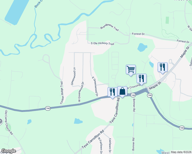 map of restaurants, bars, coffee shops, grocery stores, and more near 95 East Greenwood Drive in Carrollton