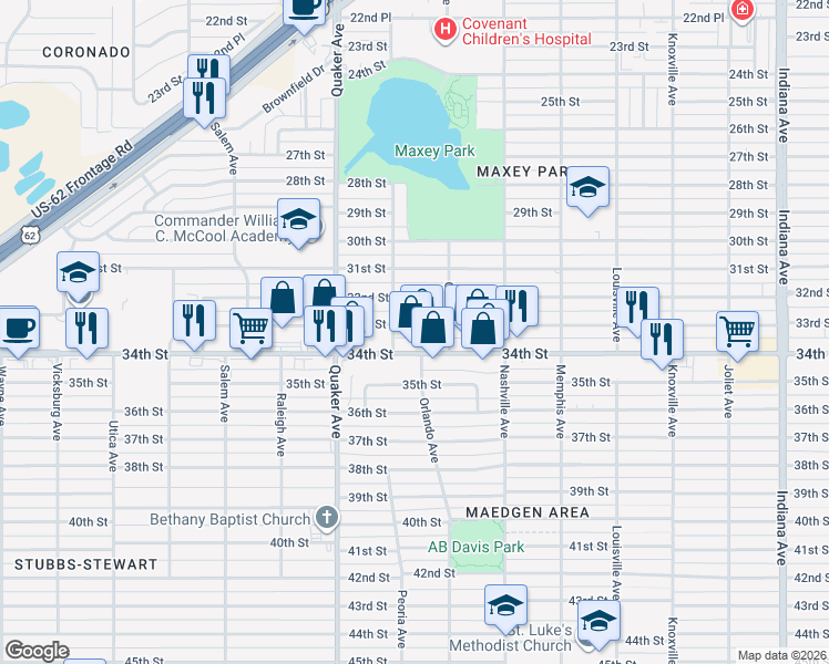 map of restaurants, bars, coffee shops, grocery stores, and more near 4113 33rd Street in Lubbock