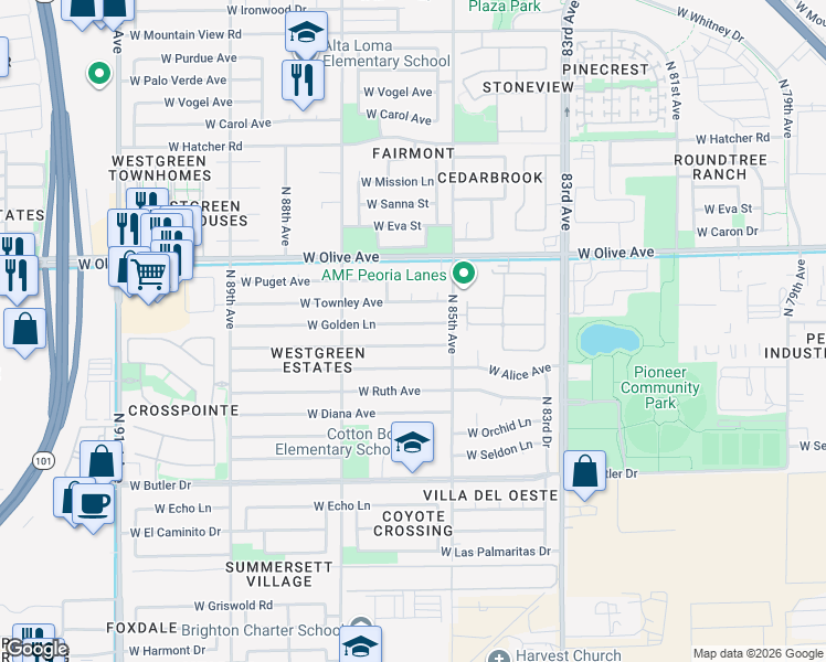 map of restaurants, bars, coffee shops, grocery stores, and more near 8533 West Golden Lane in Peoria