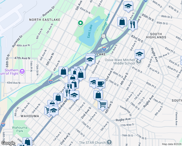 map of restaurants, bars, coffee shops, grocery stores, and more near 7836 Division Avenue in Birmingham