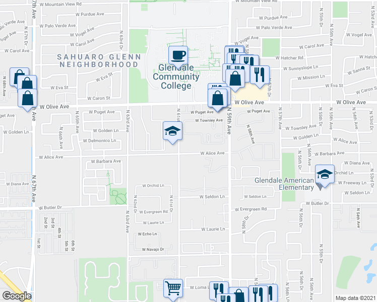map of restaurants, bars, coffee shops, grocery stores, and more near 6034 West Alice Avenue in Glendale