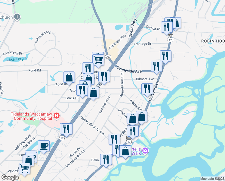 map of restaurants, bars, coffee shops, grocery stores, and more near 633 Hammock Avenue in Murrells Inlet