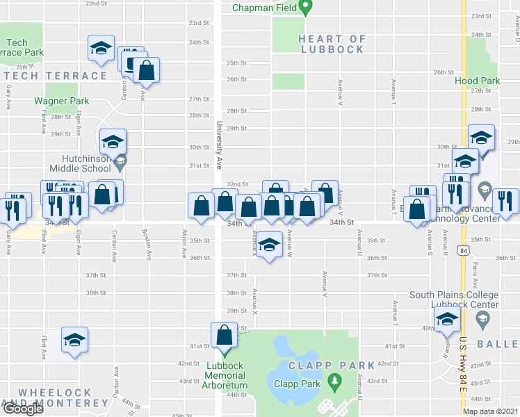 map of restaurants, bars, coffee shops, grocery stores, and more near 2405 33rd Street in Lubbock