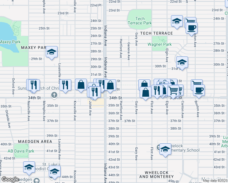 map of restaurants, bars, coffee shops, grocery stores, and more near 3321 33rd Street in Lubbock