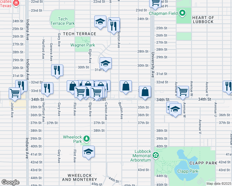 map of restaurants, bars, coffee shops, grocery stores, and more near 2703 33rd St in Lubbock