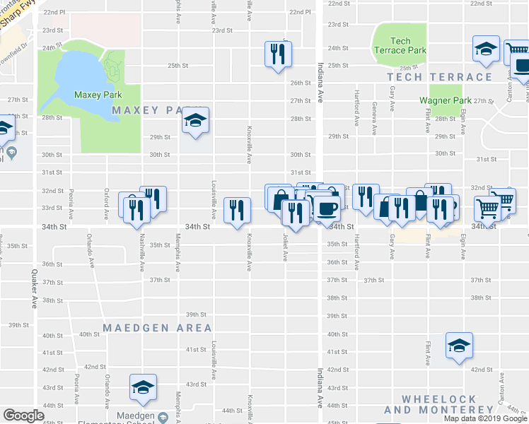 map of restaurants, bars, coffee shops, grocery stores, and more near 3511 33rd Street in Lubbock