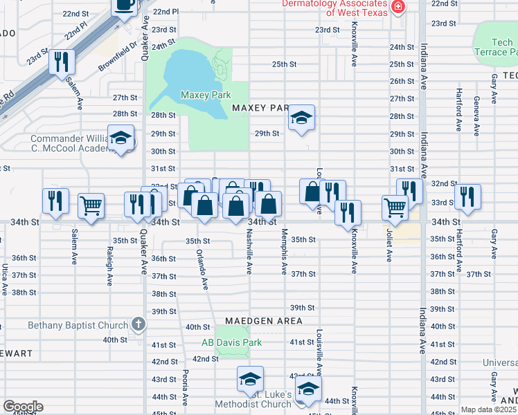 map of restaurants, bars, coffee shops, grocery stores, and more near 3815 33rd Street in Lubbock