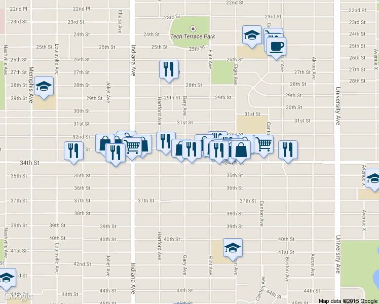 map of restaurants, bars, coffee shops, grocery stores, and more near 3119 33rd Street in Lubbock