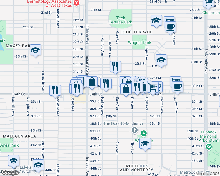 map of restaurants, bars, coffee shops, grocery stores, and more near 3211 33rd Street in Lubbock