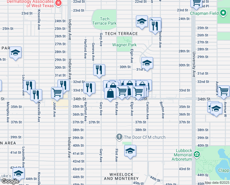 map of restaurants, bars, coffee shops, grocery stores, and more near 3101 33rd Street in Lubbock