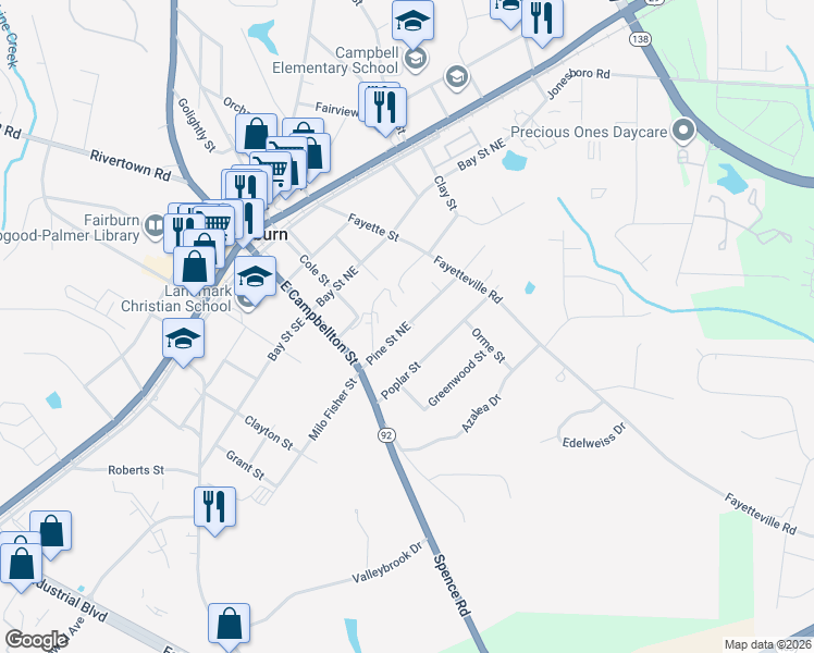 map of restaurants, bars, coffee shops, grocery stores, and more near 87 Pine Street Northeast in Fairburn
