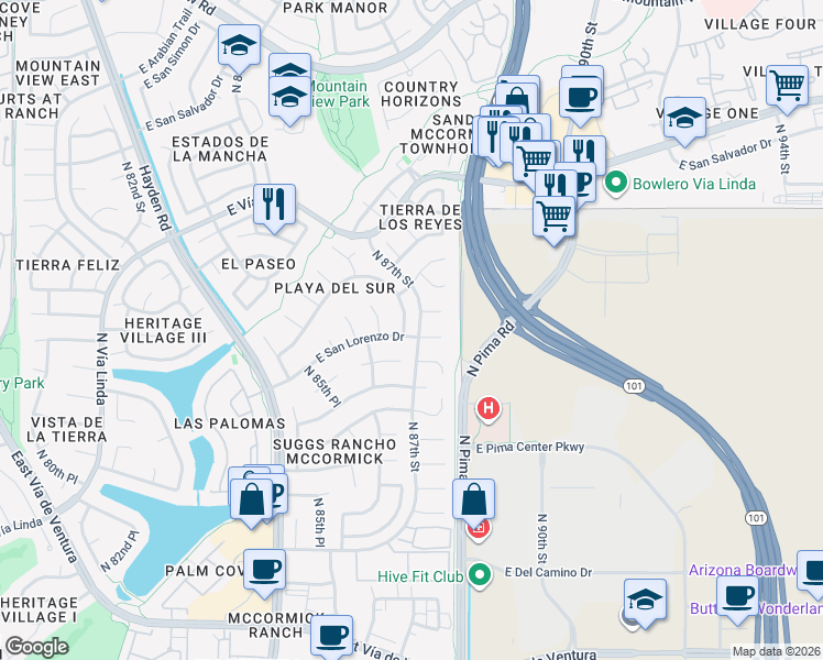 map of restaurants, bars, coffee shops, grocery stores, and more near 8802 North 86th Place in Scottsdale