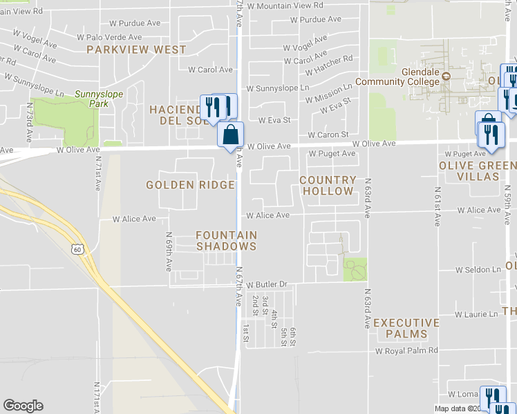 map of restaurants, bars, coffee shops, grocery stores, and more near 8762 North 66th Drive in Glendale