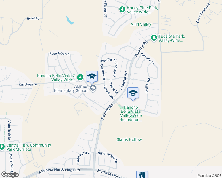 map of restaurants, bars, coffee shops, grocery stores, and more near 38407 Coralino Drive in Murrieta