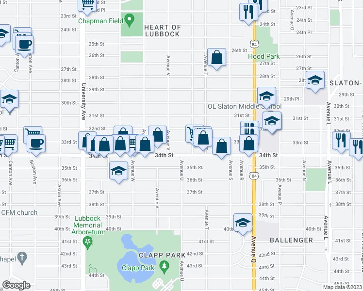 map of restaurants, bars, coffee shops, grocery stores, and more near 2105 33rd St in Lubbock