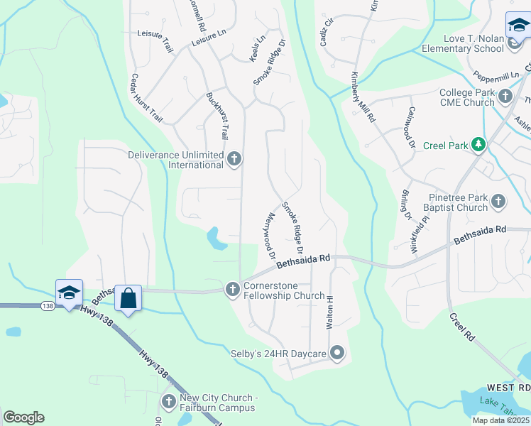 map of restaurants, bars, coffee shops, grocery stores, and more near 6980 Merrywood Drive in Fairburn
