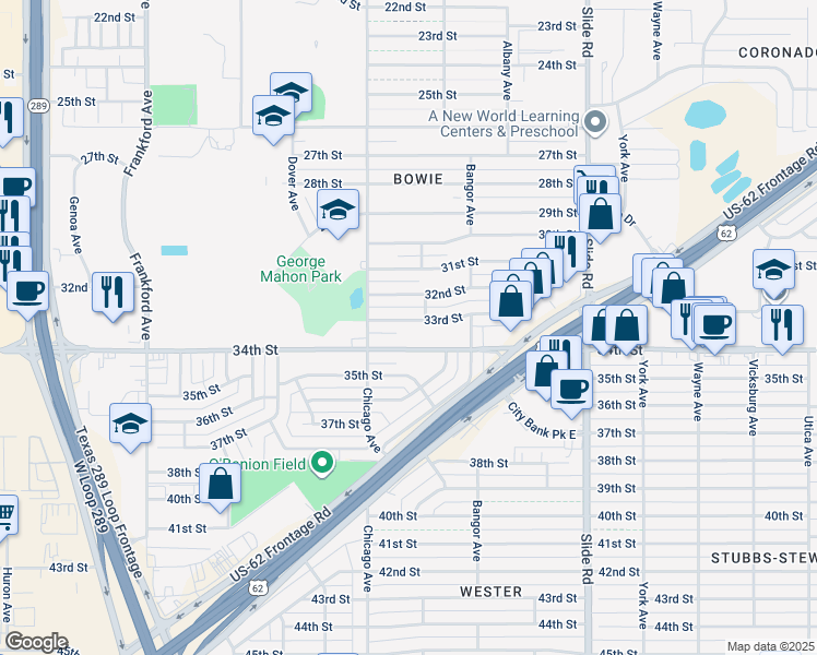 map of restaurants, bars, coffee shops, grocery stores, and more near 5423 33rd Street in Lubbock