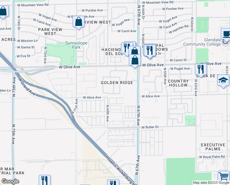 map of restaurants, bars, coffee shops, grocery stores, and more near 8605 North 68th Lane in Peoria