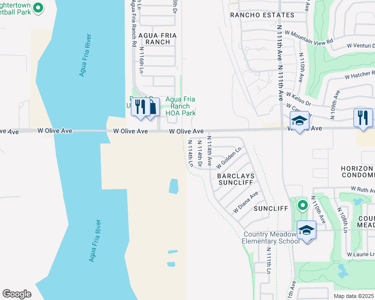 map of restaurants, bars, coffee shops, grocery stores, and more near 8902 North 114th Lane in Peoria