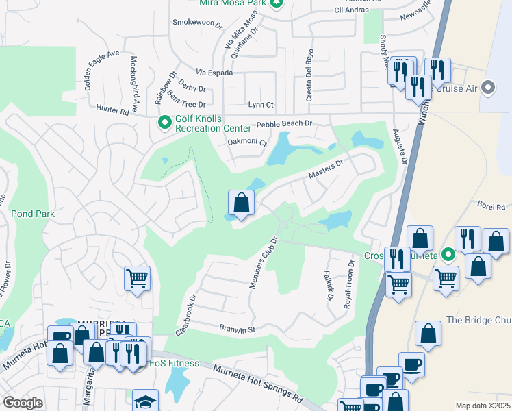 map of restaurants, bars, coffee shops, grocery stores, and more near 29354 Masters Drive in Murrieta