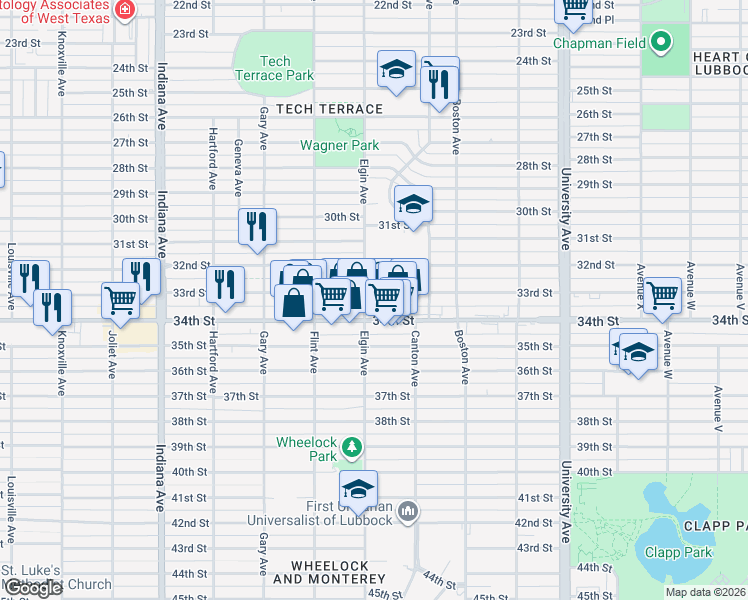 map of restaurants, bars, coffee shops, grocery stores, and more near 2821 33rd Street in Lubbock