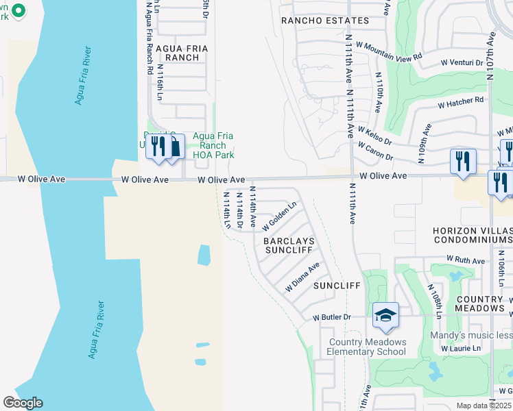 map of restaurants, bars, coffee shops, grocery stores, and more near 8890 North 114th Avenue in Peoria